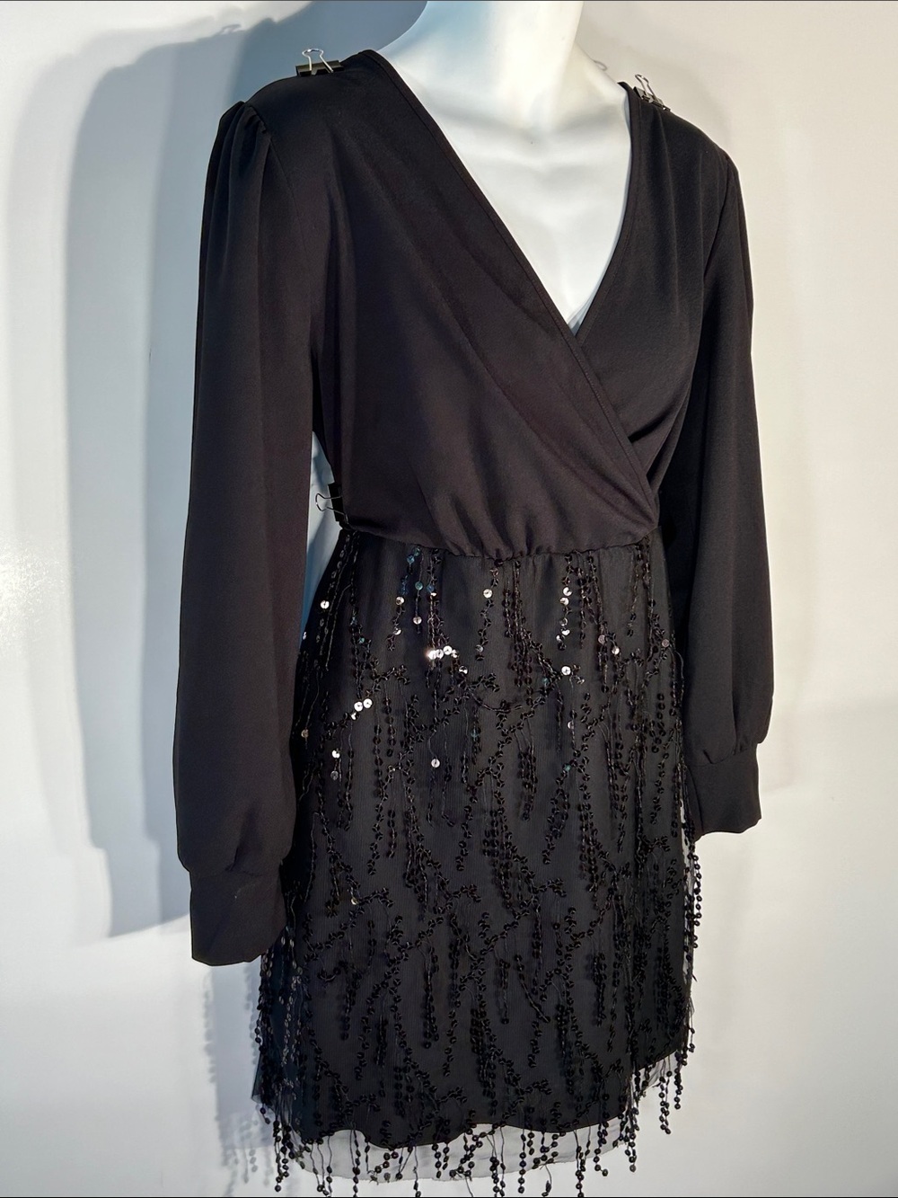 Shein SZ 2X Black Sequin Embellished Wrap-Style Cocktail Mini Dress Party